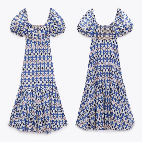 Zara Ikat Maxi Tiered Dress, Ivory Blue Black Pink size Large - Picture 4 of 17